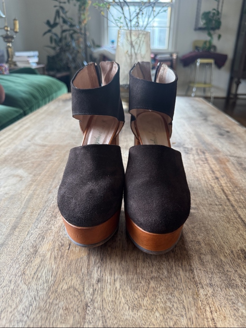 Free People Brown Suede Platform Sandals with Brown Wood-Look Sole